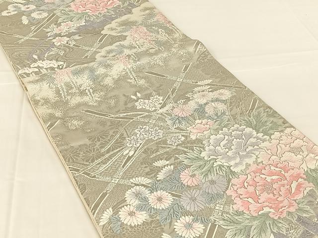 平和屋着物◎六通柄袋帯　唐織　草花文　銀糸　正絹　逸品　AABM7311dk