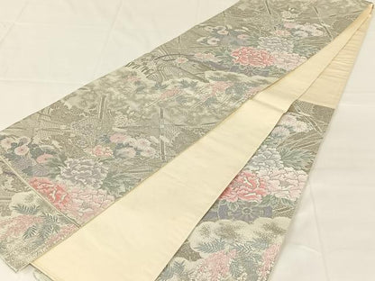 平和屋着物◎六通柄袋帯　唐織　草花文　銀糸　正絹　逸品　AABM7311dk