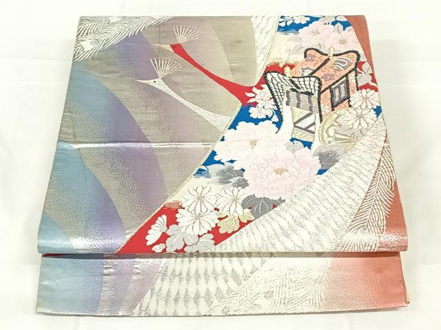 平和屋着物◎六通柄袋帯　唐織　御所車花鳥文　金銀糸　正絹　逸品　AABM7317dk