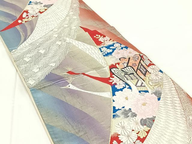 平和屋着物◎六通柄袋帯　唐織　御所車花鳥文　金銀糸　正絹　逸品　AABM7317dk