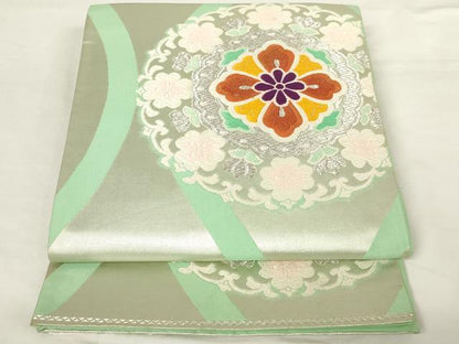 平和屋着物◎六通柄袋帯　唐織　花絵皿文　銀糸　正絹　逸品　AABM7344ex