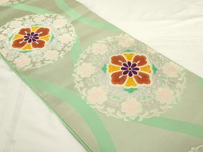 平和屋着物◎六通柄袋帯　唐織　花絵皿文　銀糸　正絹　逸品　AABM7344ex