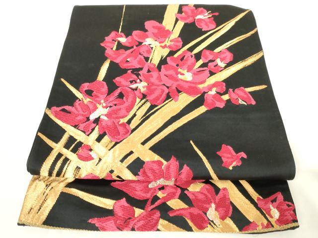 平和屋着物◎六通柄袋帯　唐織　草花文　黒地　金銀糸　正絹　逸品　AABM7346ex