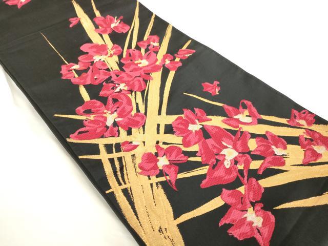 平和屋着物◎六通柄袋帯　唐織　草花文　黒地　金銀糸　正絹　逸品　AABM7346ex