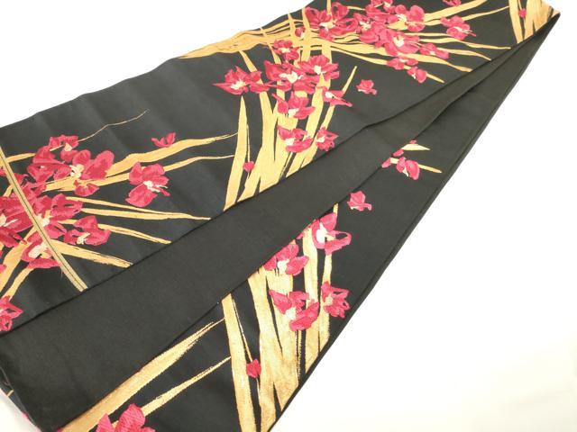 平和屋着物◎六通柄袋帯　唐織　草花文　黒地　金銀糸　正絹　逸品　AABM7346ex