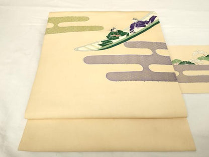 平和屋着物◎塩瀬　九寸名古屋帯　人物風景文　金彩　正絹　逸品　AABM7349ex