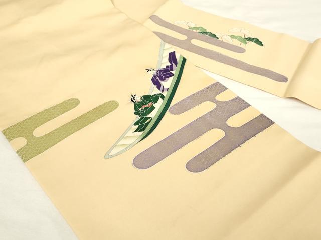 平和屋着物◎塩瀬　九寸名古屋帯　人物風景文　金彩　正絹　逸品　AABM7349ex