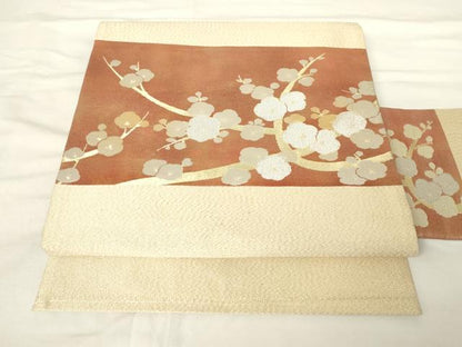 平和屋着物◎綴れ　九寸名古屋帯　枝梅　金糸　正絹　逸品　AABM7358ex