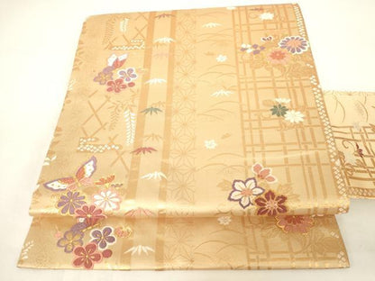 平和屋着物◎全通柄　九寸名古屋帯　唐織　花蝶文　金糸　正絹　逸品　AABM7361ex
