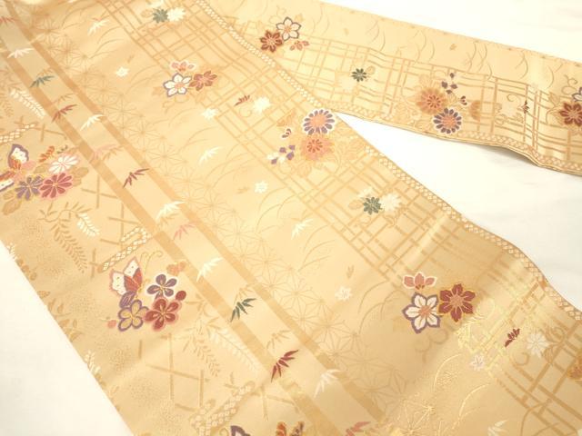 平和屋着物◎全通柄　九寸名古屋帯　唐織　花蝶文　金糸　正絹　逸品　AABM7361ex