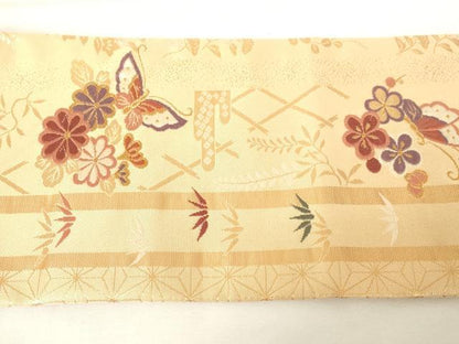 平和屋着物◎全通柄　九寸名古屋帯　唐織　花蝶文　金糸　正絹　逸品　AABM7361ex