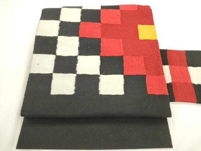 平和屋着物◎八寸名古屋帯　紬地　格子　黒地　正絹　逸品　AABM7365ex