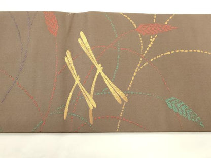 平和屋着物◎九寸名古屋帯　蜻蛉　とんぼ　金糸　正絹　逸品　AABM7369ex