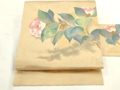 平和屋着物◎九寸名古屋帯　枝花文　椿　金糸　引箔　正絹　逸品　AABM7370ex