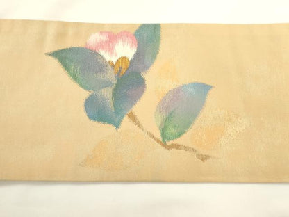 平和屋着物◎九寸名古屋帯　枝花文　椿　金糸　引箔　正絹　逸品　AABM7370ex