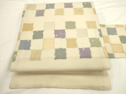 平和屋着物◎九寸名古屋帯　格子　金糸　正絹　逸品　AABM7371ex