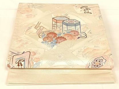 平和屋着物◎西陣　太鼓柄袋帯　刺繍　貝桶吉祥花文　銀糸　正絹　逸品　AABM7444dk