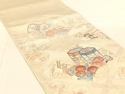 平和屋着物◎西陣　太鼓柄袋帯　刺繍　貝桶吉祥花文　銀糸　正絹　逸品　AABM7444dk