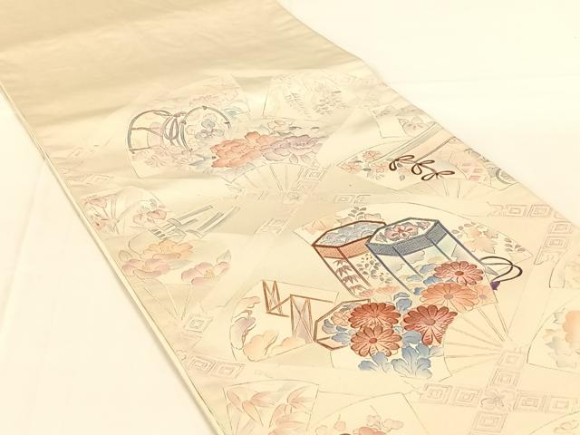 平和屋着物◎西陣　太鼓柄袋帯　刺繍　貝桶吉祥花文　銀糸　正絹　逸品　AABM7444dk
