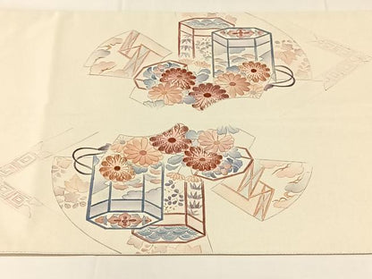 平和屋着物◎西陣　太鼓柄袋帯　刺繍　貝桶吉祥花文　銀糸　正絹　逸品　AABM7444dk
