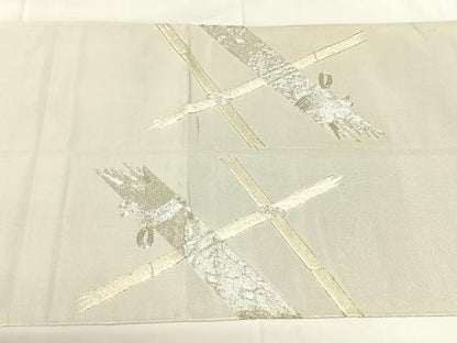 平和屋着物◎太鼓柄袋帯　駒刺繍　籬文　銀糸　正絹　逸品　AABM7451dk