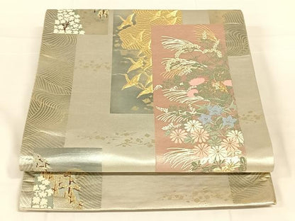 平和屋着物◎六通柄袋帯　唐織　短冊花鳥文　金銀糸　正絹　逸品　AABM7456dk