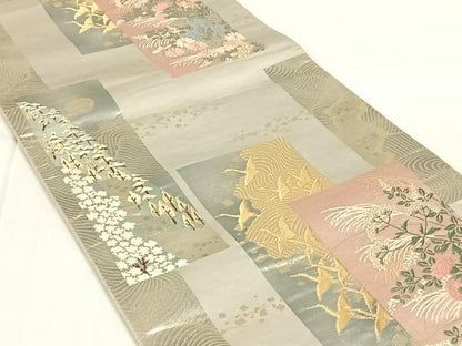 平和屋着物◎六通柄袋帯　唐織　短冊花鳥文　金銀糸　正絹　逸品　AABM7456dk