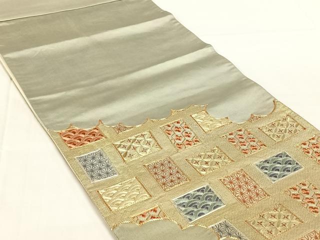 平和屋着物◎太鼓柄袋帯　駒刺繍　雲取り吉祥文　金糸　引箔　正絹　逸品　AABM7459dk