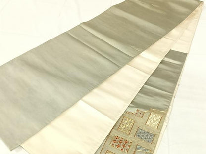 平和屋着物◎太鼓柄袋帯　駒刺繍　雲取り吉祥文　金糸　引箔　正絹　逸品　AABM7459dk