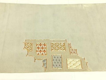 平和屋着物◎太鼓柄袋帯　駒刺繍　雲取り吉祥文　金糸　引箔　正絹　逸品　AABM7459dk