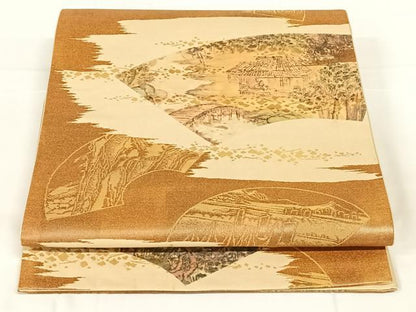 平和屋着物◎六通柄袋帯　地紙風景文　引箔　正絹　逸品　AABM7463dk
