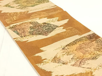 平和屋着物◎六通柄袋帯　地紙風景文　引箔　正絹　逸品　AABM7463dk