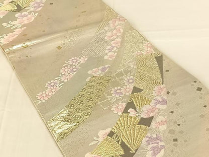 平和屋着物◎六通柄袋帯　唐織　短冊流水花文　金銀糸　正絹　逸品　AABM7472dk