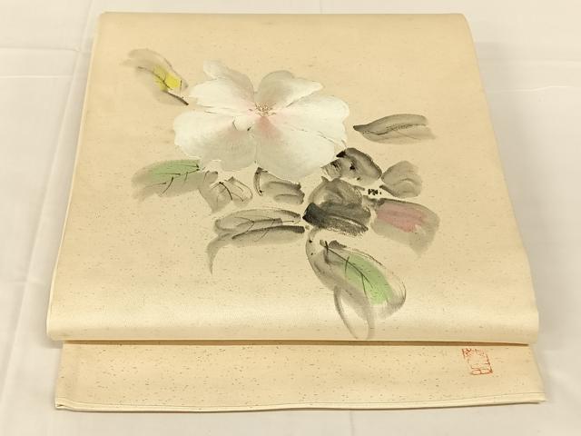 平和屋着物◎太鼓柄袋帯　作家物　手描き　刺繍　草花文　銀糸　正絹　逸品　AABM7479dk