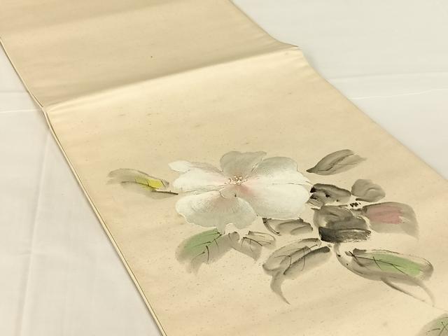 平和屋着物◎太鼓柄袋帯　作家物　手描き　刺繍　草花文　銀糸　正絹　逸品　AABM7479dk