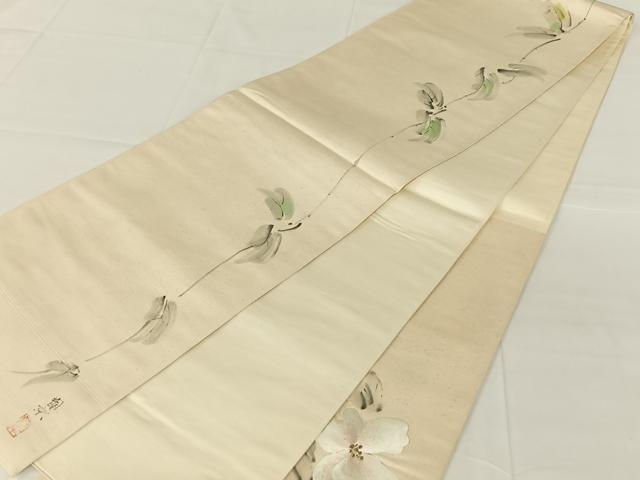 平和屋着物◎太鼓柄袋帯　作家物　手描き　刺繍　草花文　銀糸　正絹　逸品　AABM7479dk