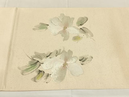 平和屋着物◎太鼓柄袋帯　作家物　手描き　刺繍　草花文　銀糸　正絹　逸品　AABM7479dk