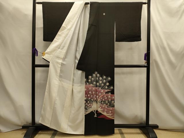 平和屋着物■豪華黒留袖　孔雀文　金彩　金銀糸　正絹　逸品　AABM7487sx