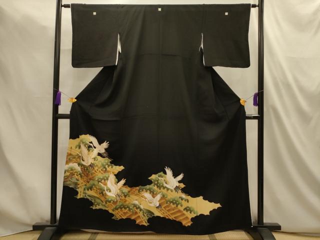 平和屋着物■豪華黒留袖　駒刺繍　渡橋飛鶴浜松文　金彩　正絹　逸品　AABM7492sx