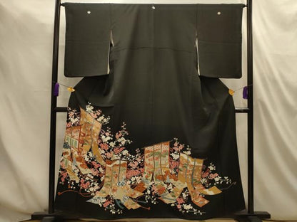 平和屋着物■豪華黒留袖　駒刺繍　几帳風景文　金糸　金彩　正絹　逸品　AABM7501sx