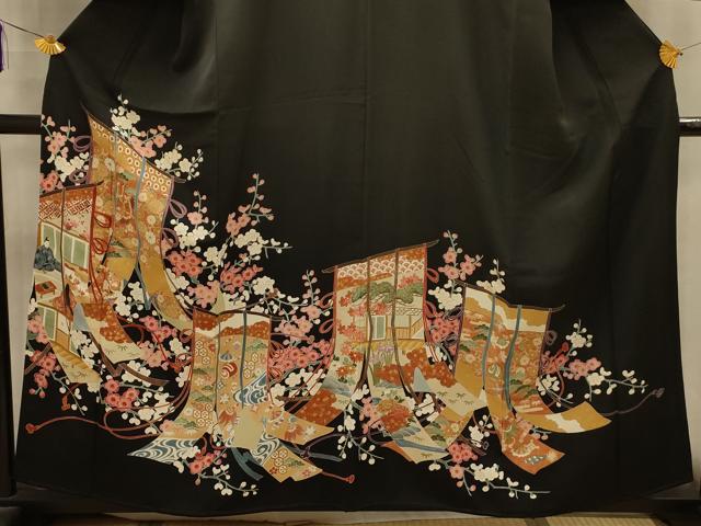 平和屋着物■豪華黒留袖　駒刺繍　几帳風景文　金糸　金彩　正絹　逸品　AABM7501sx