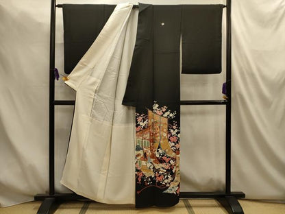 平和屋着物■豪華黒留袖　駒刺繍　几帳風景文　金糸　金彩　正絹　逸品　AABM7501sx