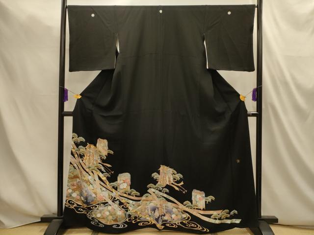 平和屋着物■豪華黒留袖　作家物　駒刺繍　蔓帯貝桶御所車花文　金彩　正絹　逸品　AABM7504sx