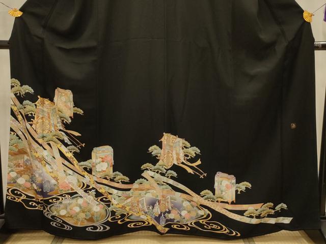 平和屋着物■豪華黒留袖　作家物　駒刺繍　蔓帯貝桶御所車花文　金彩　正絹　逸品　AABM7504sx