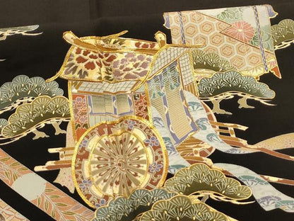 平和屋着物■豪華黒留袖　作家物　駒刺繍　蔓帯貝桶御所車花文　金彩　正絹　逸品　AABM7504sx