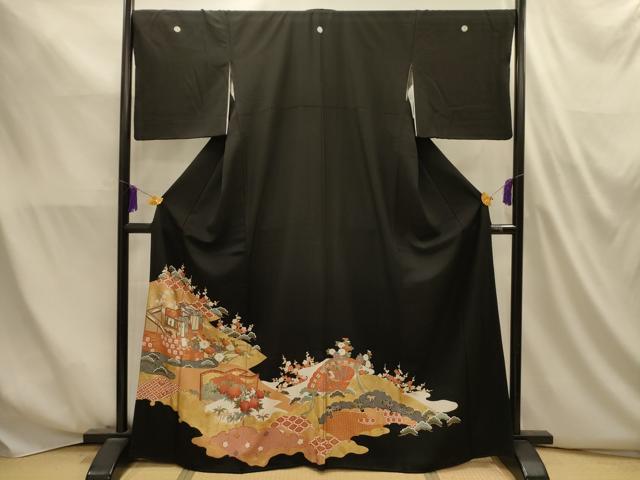 平和屋着物■豪華黒留袖　松竹梅御所車花鳥風景文　金彩　正絹　逸品　AABM7507sx