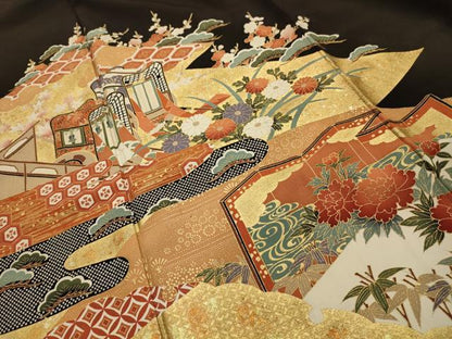 平和屋着物■豪華黒留袖　松竹梅御所車花鳥風景文　金彩　正絹　逸品　AABM7507sx