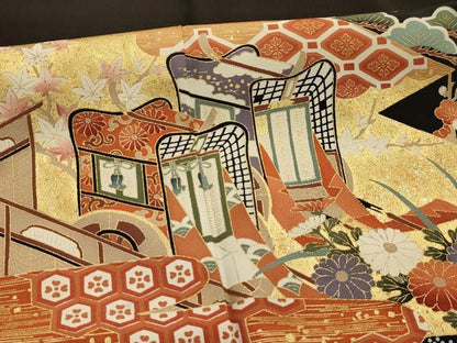 平和屋着物■豪華黒留袖　松竹梅御所車花鳥風景文　金彩　正絹　逸品　AABM7507sx