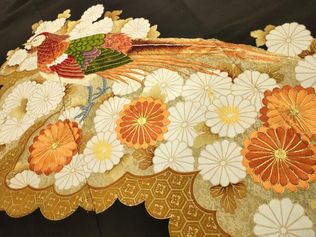 平和屋着物■豪華黒留袖　駒刺繍　花鳥文　金糸　金彩　正絹　逸品　AABM7530sx