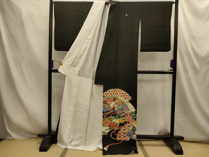 平和屋着物■豪華黒留袖　作家物　地紙重ね流水鴛鴦花文　金彩　正絹　逸品　AABM7546sx